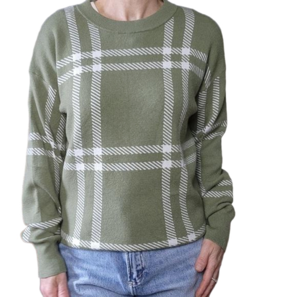 Knit Sweater Olive green Plaid Crewneck Cozy Soft Stretchy Size S-M TAHARI